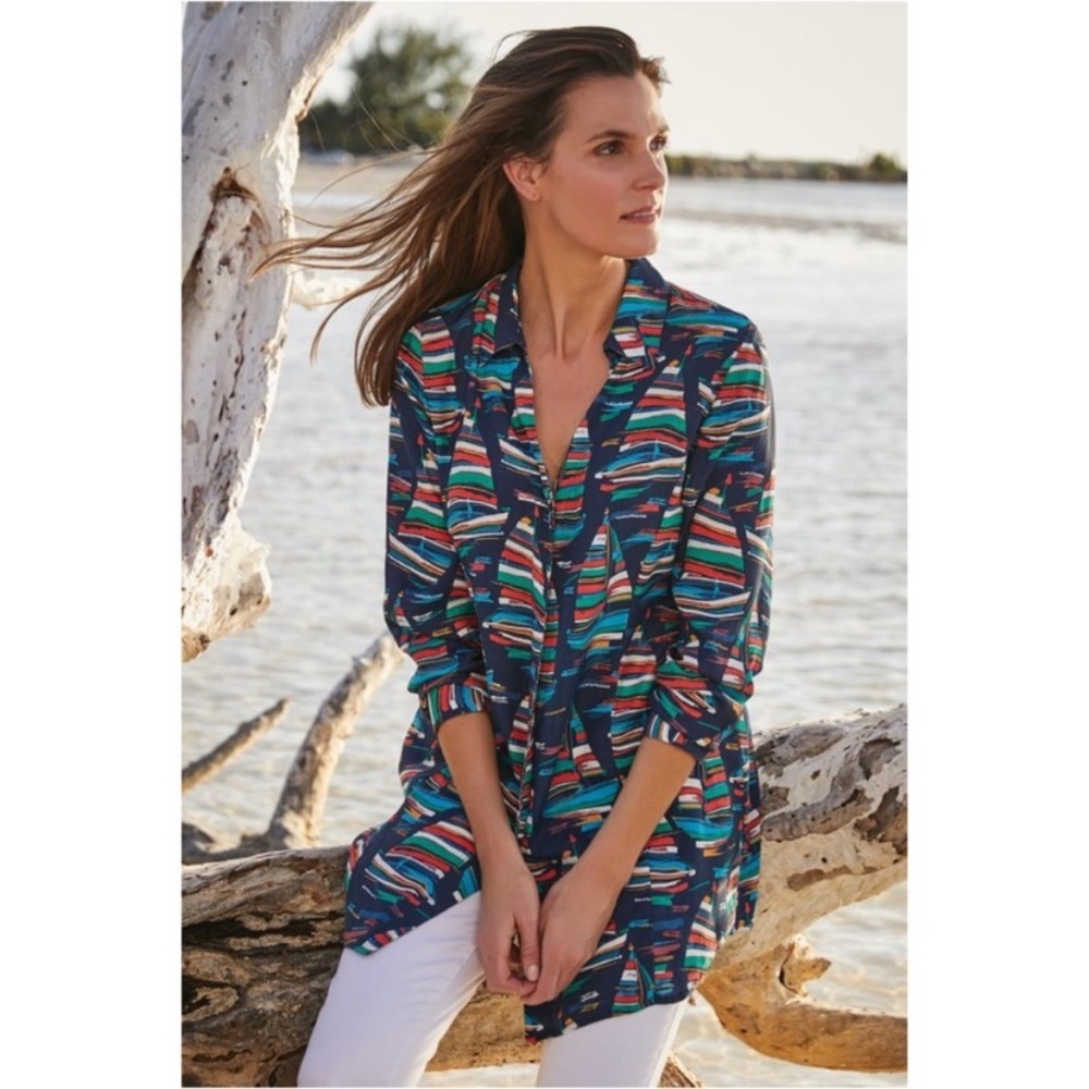 Soft Surroundings Sail Away blouse Sail Boat Button front long sleeves Medium